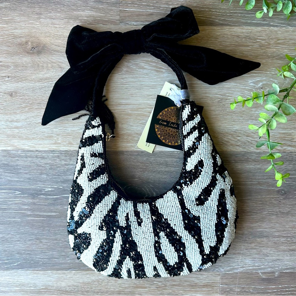Zebra Print Beaded Bag with Velvet Bow